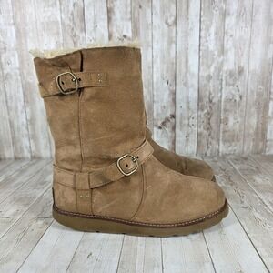 UGG Australia Women's Tan Suede‎ Sheepskin Lined Boots Buckle Detail Size 8